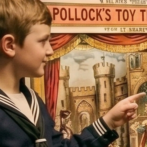 Boy points at toy theatre